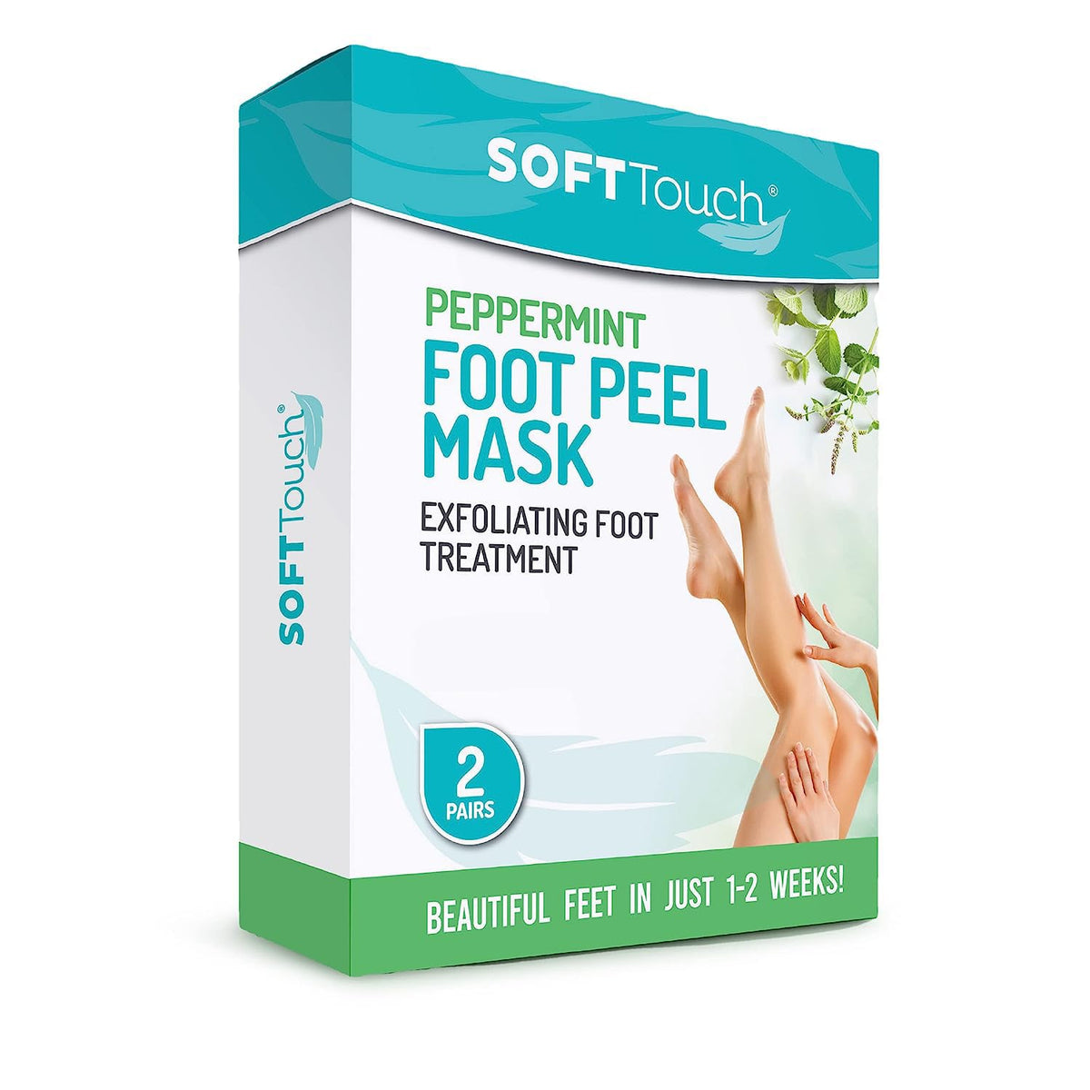 Dermora front packaging showing two peppermint foot peel booties and benefits