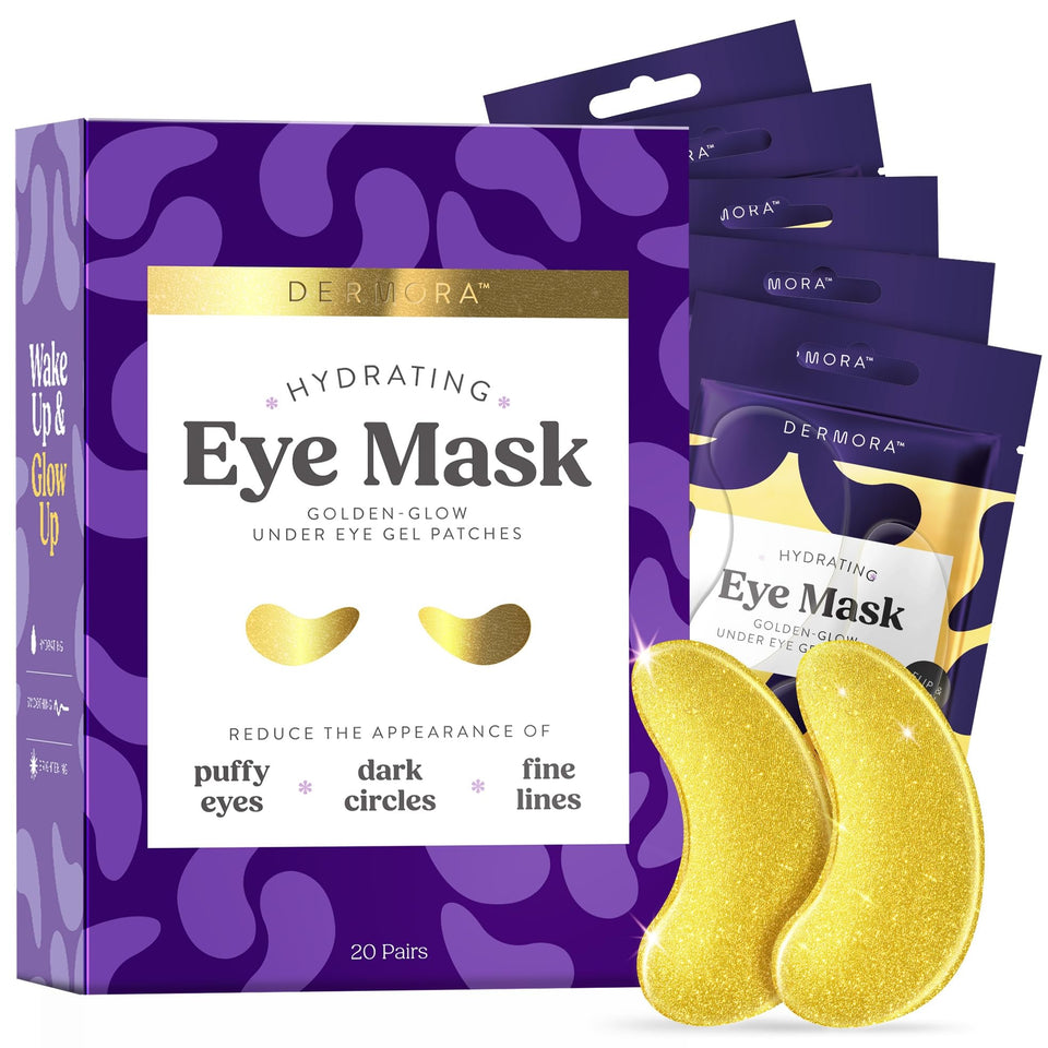 DERMORA front packaging showing golden glow eye patches and travel-ready benefits