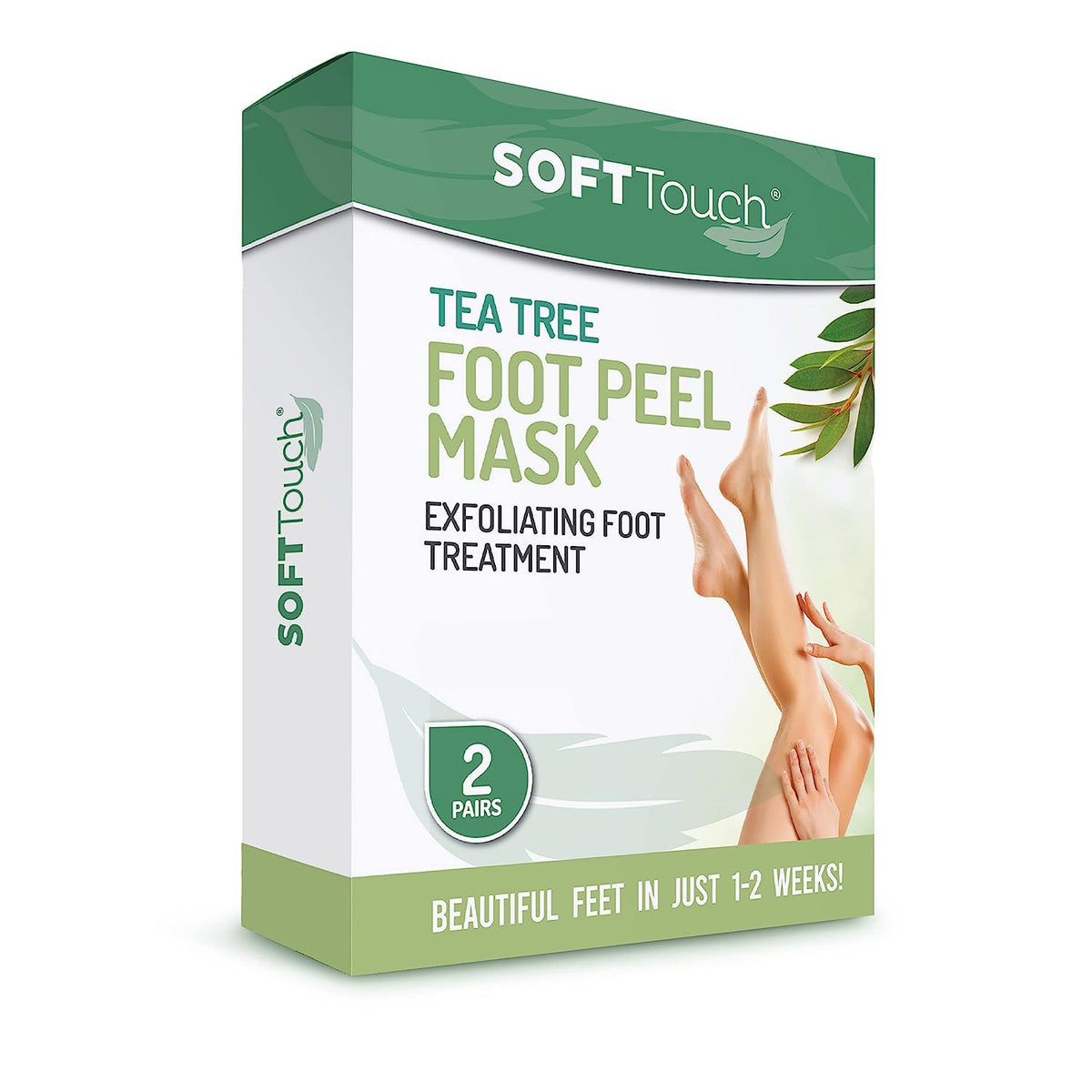 Dermora front packaging showing two foot peel booties and tea tree scent benefits
