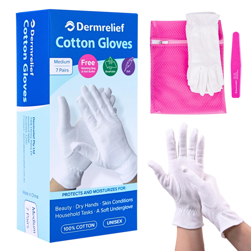 Dermrelief front packaging showing seven pairs and free gifts for organized care