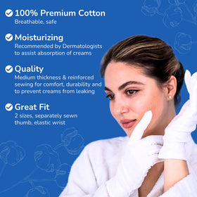 Dermrelief gloves worn on hands demonstrating secure fit and moisturization support