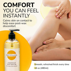 Dermwax label close-up highlighting calendula and clean formula benefits