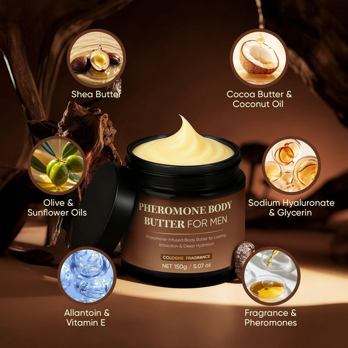 Derperzi ingredients closeup highlighting shea cocoa coconut oils for nourishing skin benefit