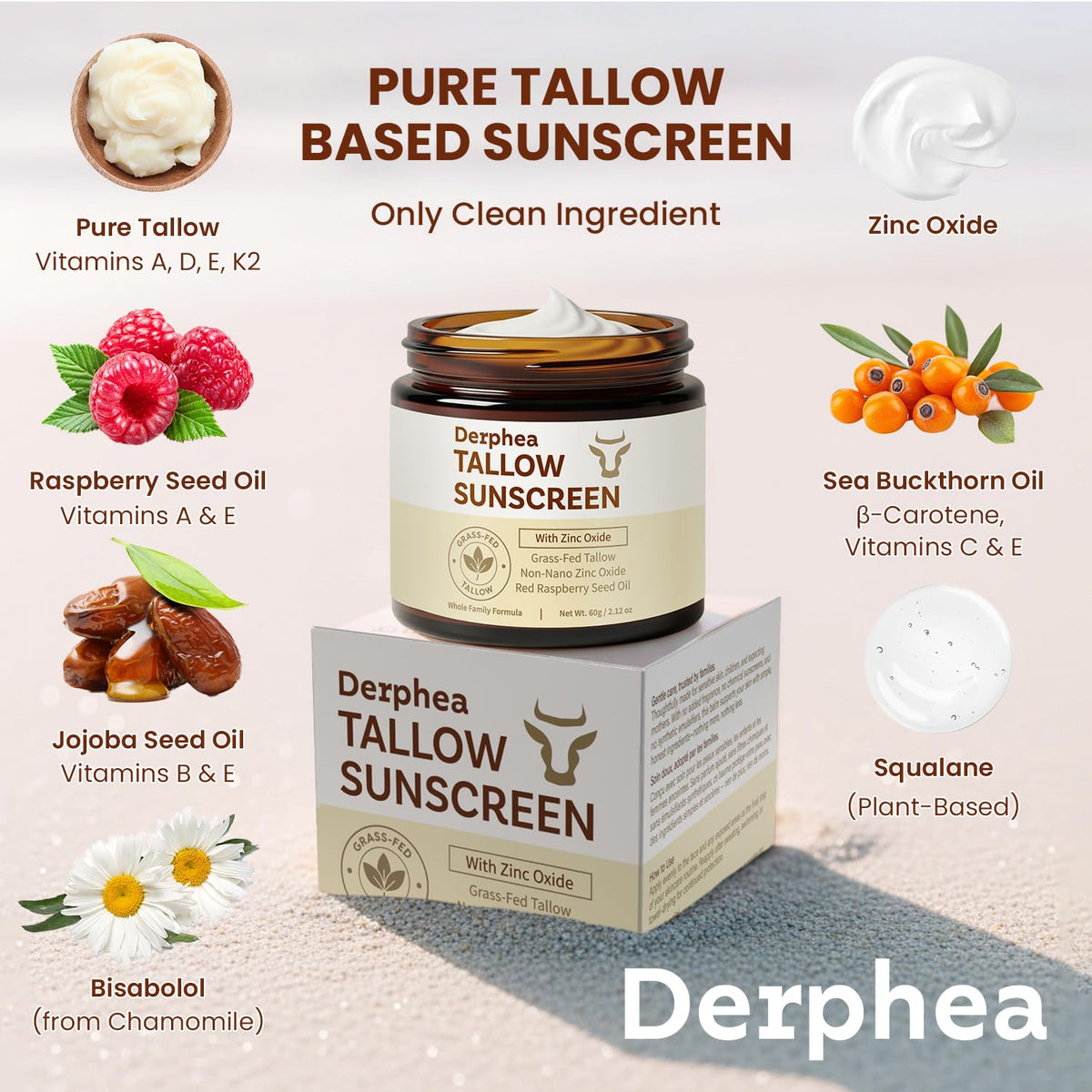 DERPHEA grass-fed beef tallow ingredient bottle promoting barrier support