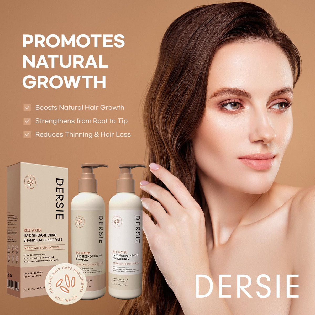 Dersie bottle label close view highlighting rice water, biotin, and caffeine benefits