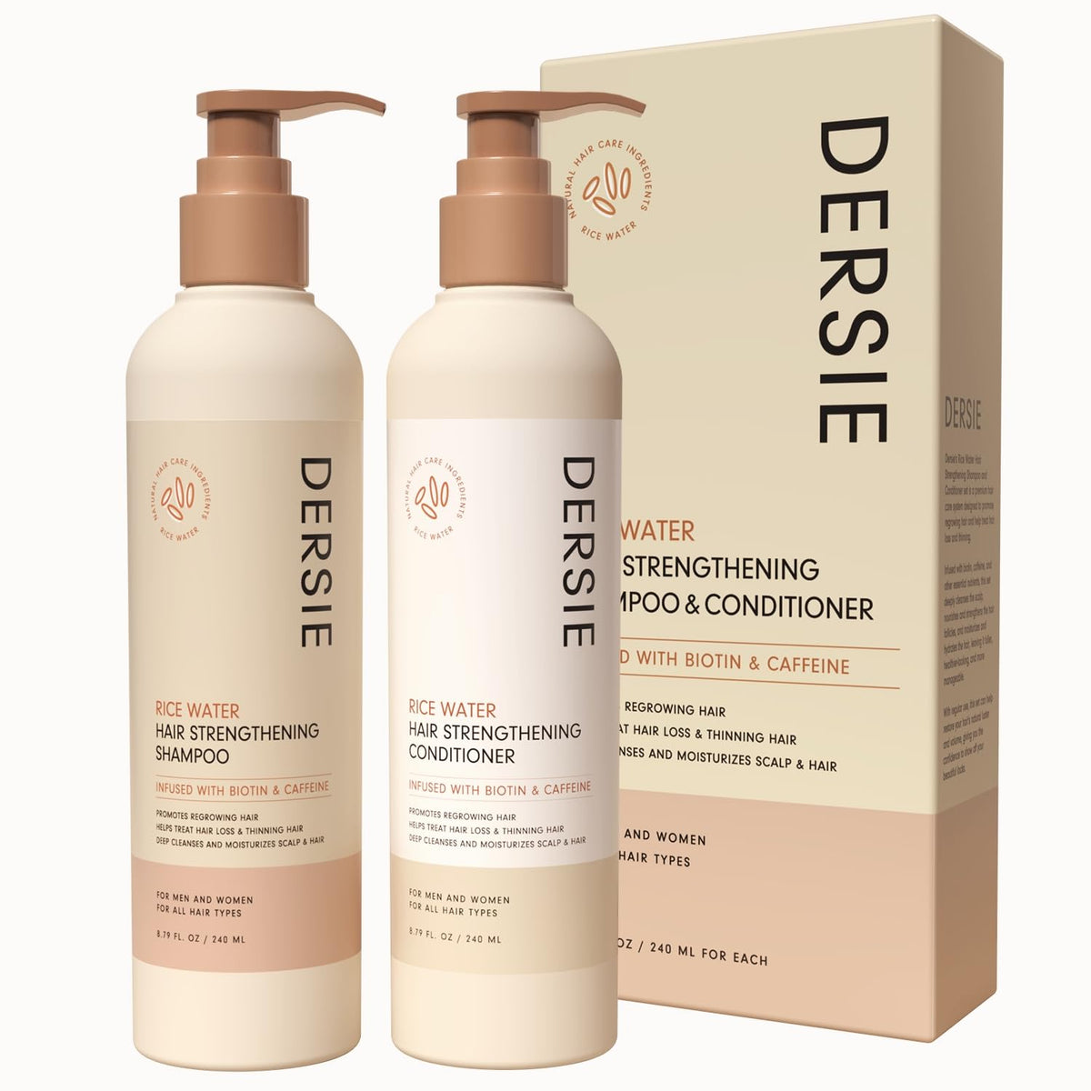 Dersie front packaging showing rice water shampoo and conditioner for fuller hair
