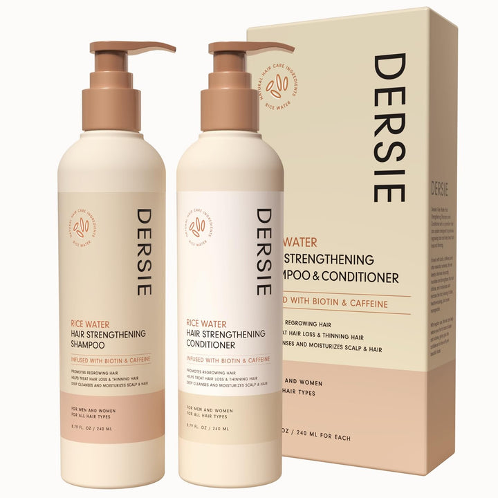 Dersie front packaging showing rice water shampoo and conditioner for fuller hair