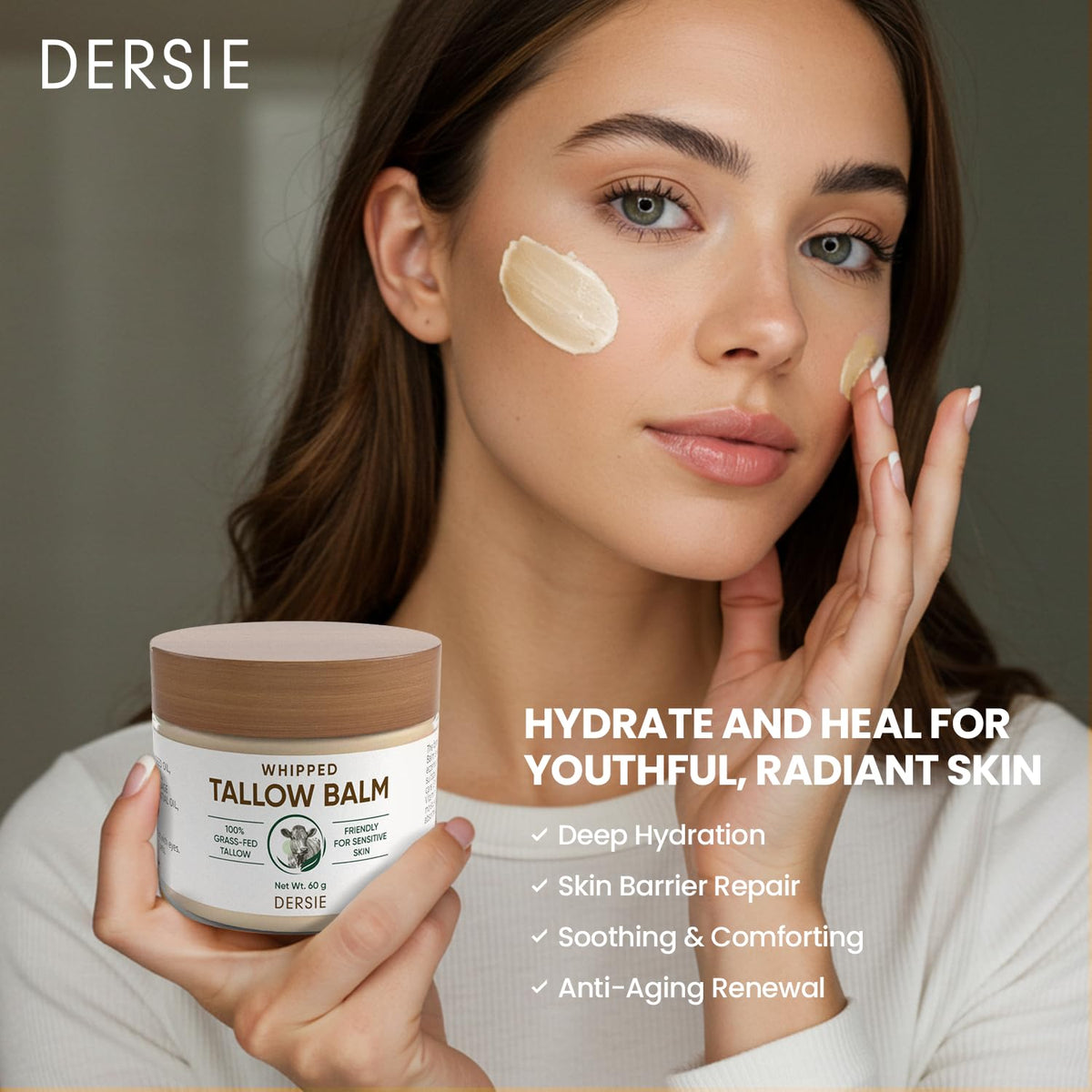 Clear view of Dersie label listing grass-fed tallow and natural ingredients