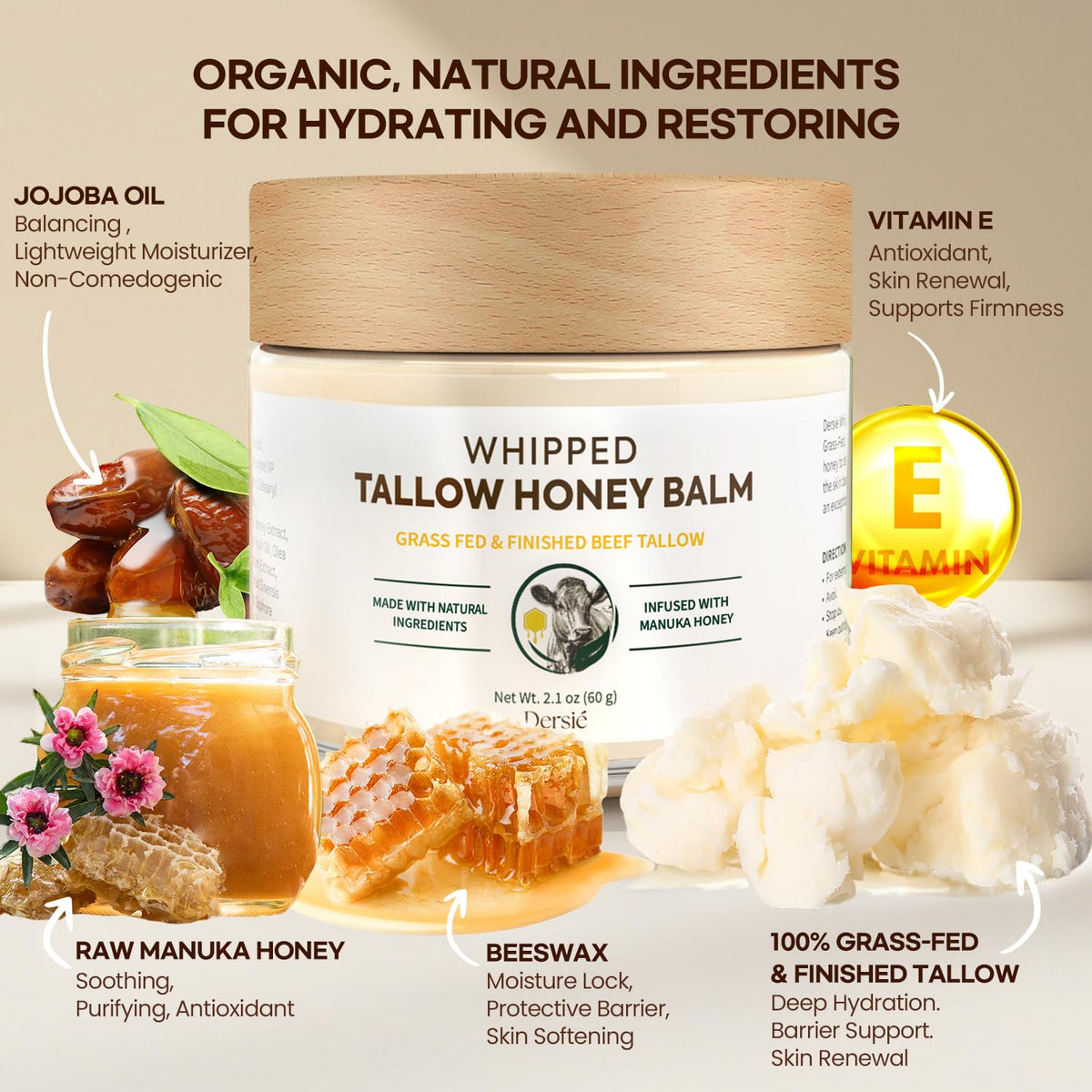 Dersie open jar displaying creamy tallow and honey blend for easy use