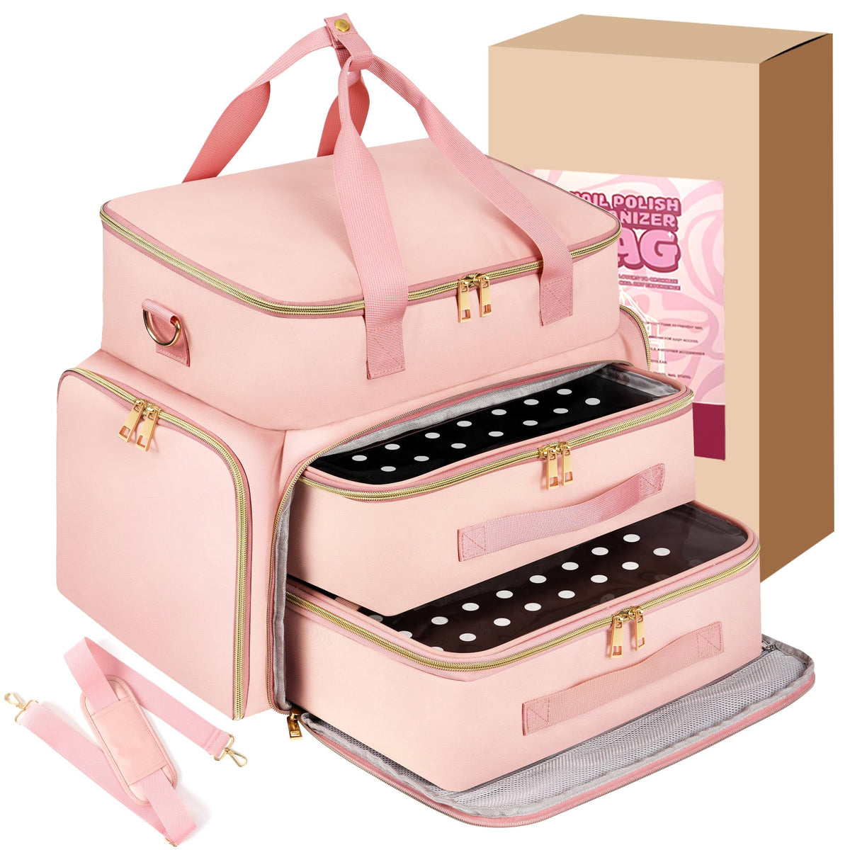DERSTUEWE front view of pink organizer case showing zipped closure and handle, durable protection
