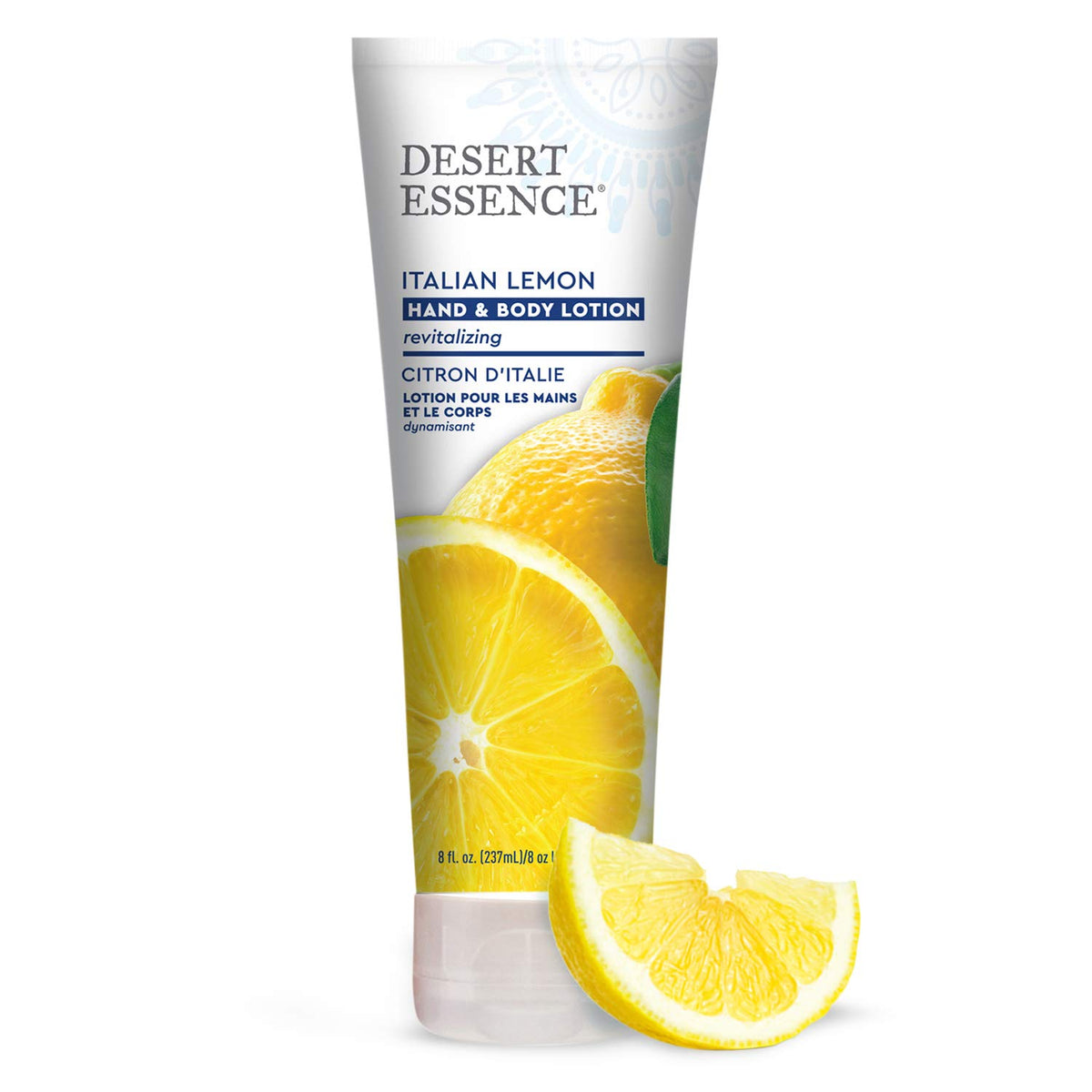 Desert Essence label and cap close-up highlighting ingredient callouts and natural formulation