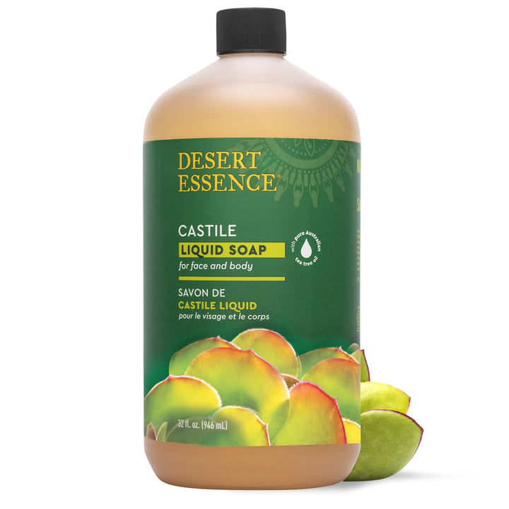 Desert Essence front bottle showing tea tree label and easy dispensing benefit