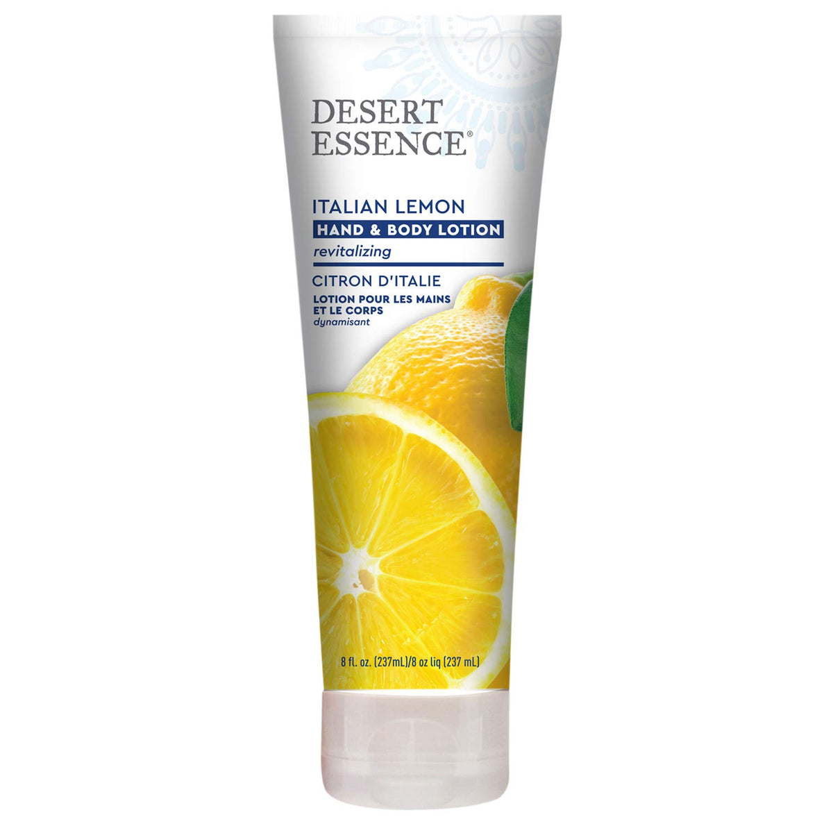 Desert Essence front packaging showing 8 oz bottle and lemon label for energizing hydration