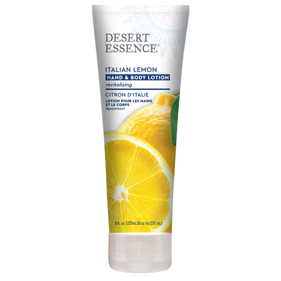 Desert Essence front packaging showing 8 oz bottle and lemon label for energizing hydration
