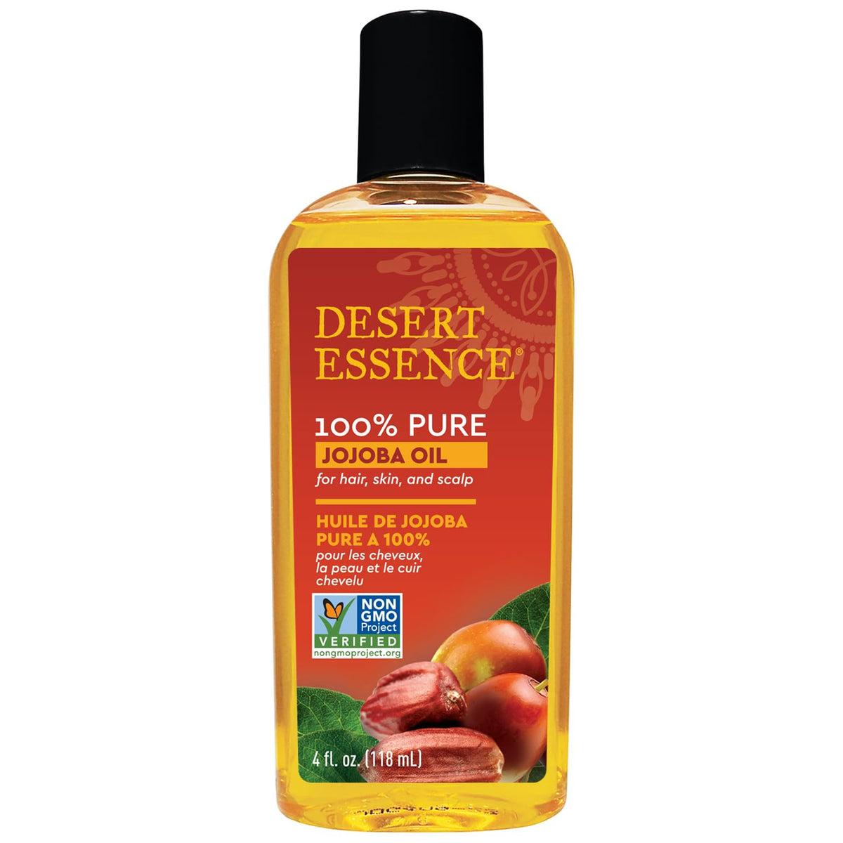 Desert Essence bottle front view showing pure jojoba oil benefits