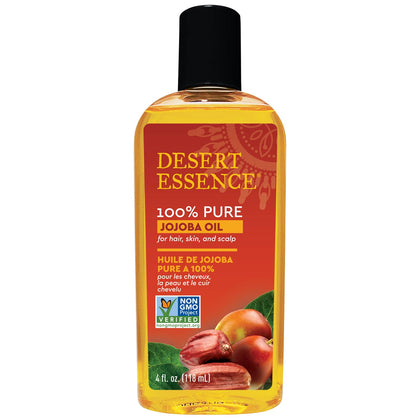 Desert Essence bottle front view showing pure jojoba oil benefits