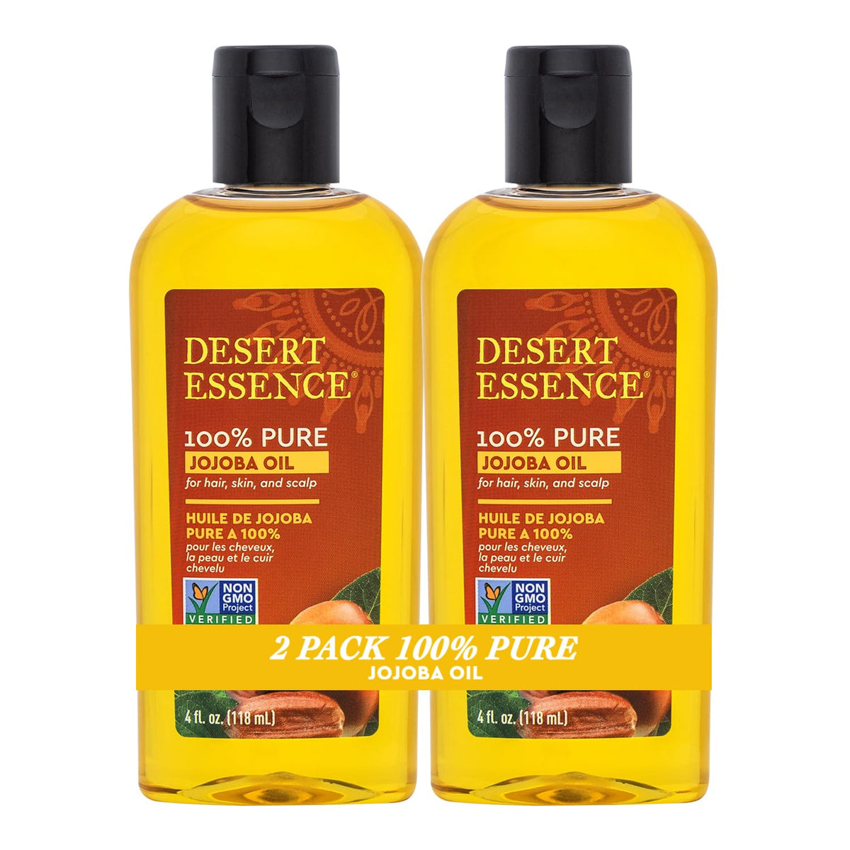 Desert Essence 100% Pure Jojoba Oil front bottle showing clear golden oil and label benefits