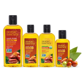bathroom counter scene with Desert Essence jojoba oil for daily routine integration and calming ritual