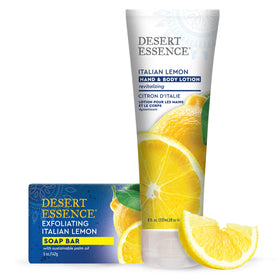 Desert Essence bottle staged on bathroom counter to convey daily routine and refreshing scent