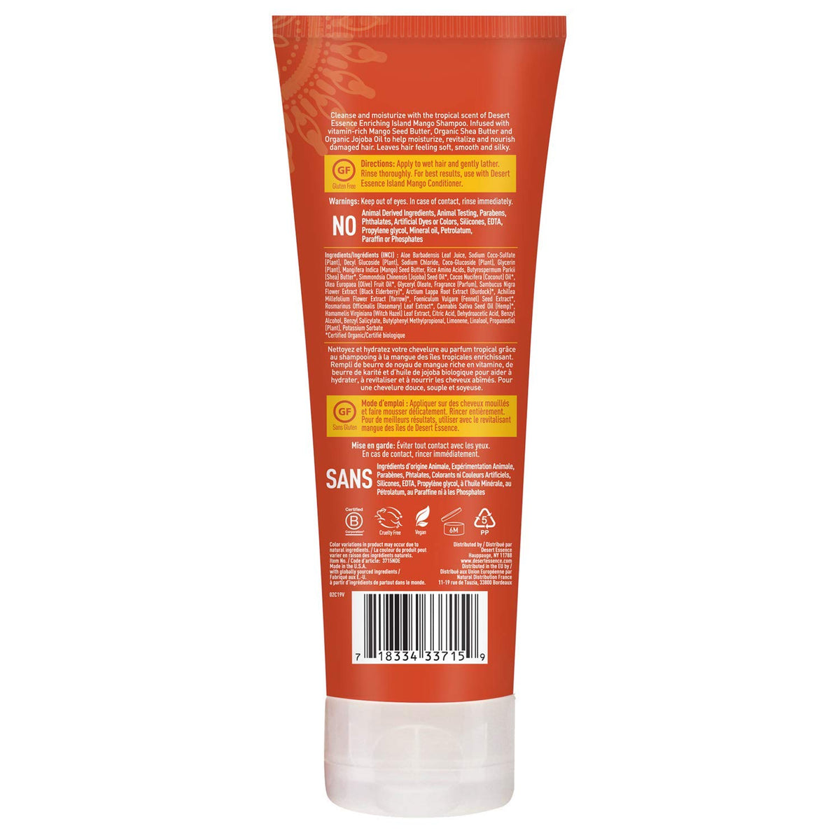 Desert Essence back label with ingredients list and directions highlighting transparency and botanical detail