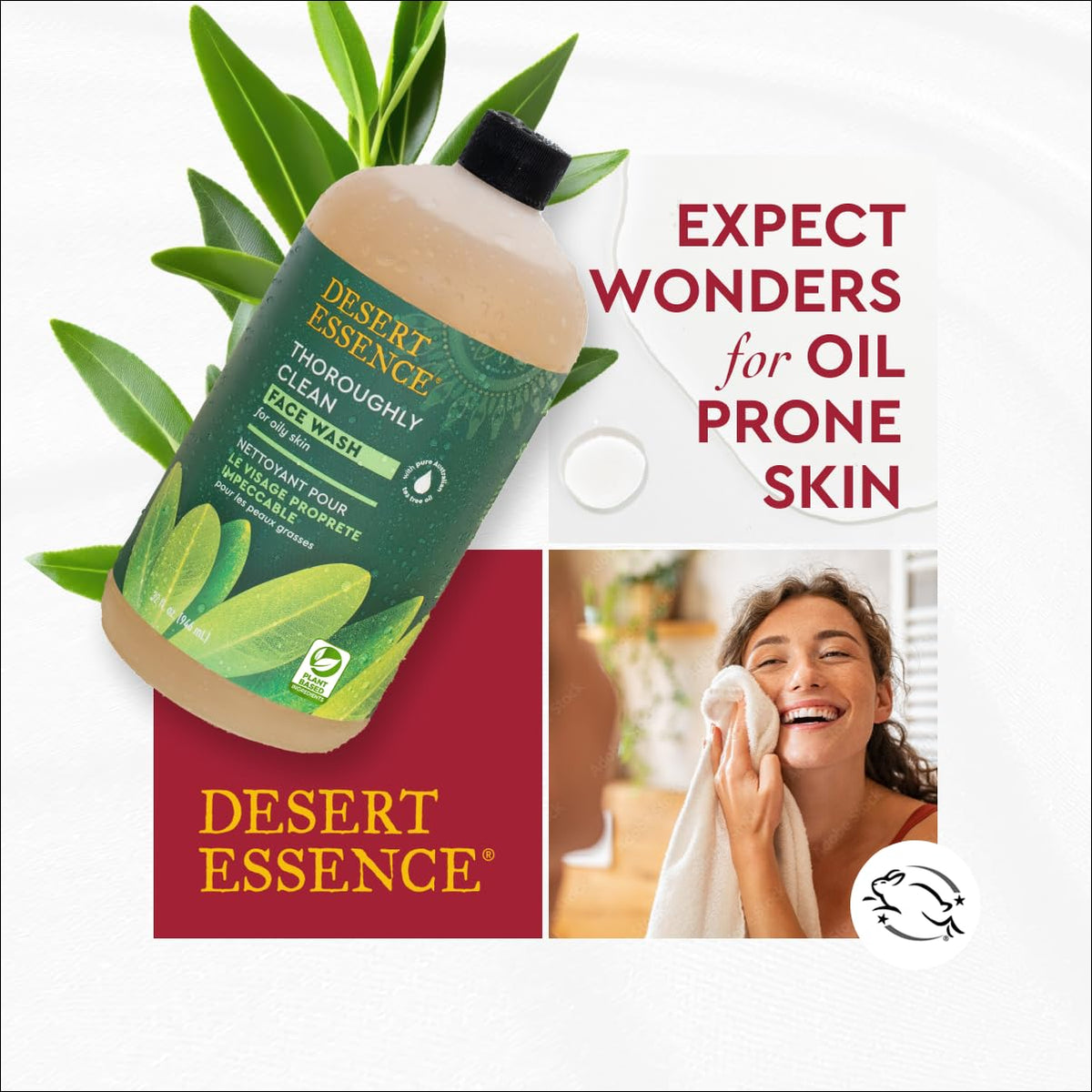 Desert Essence bottle next to hand for scale showing large value size