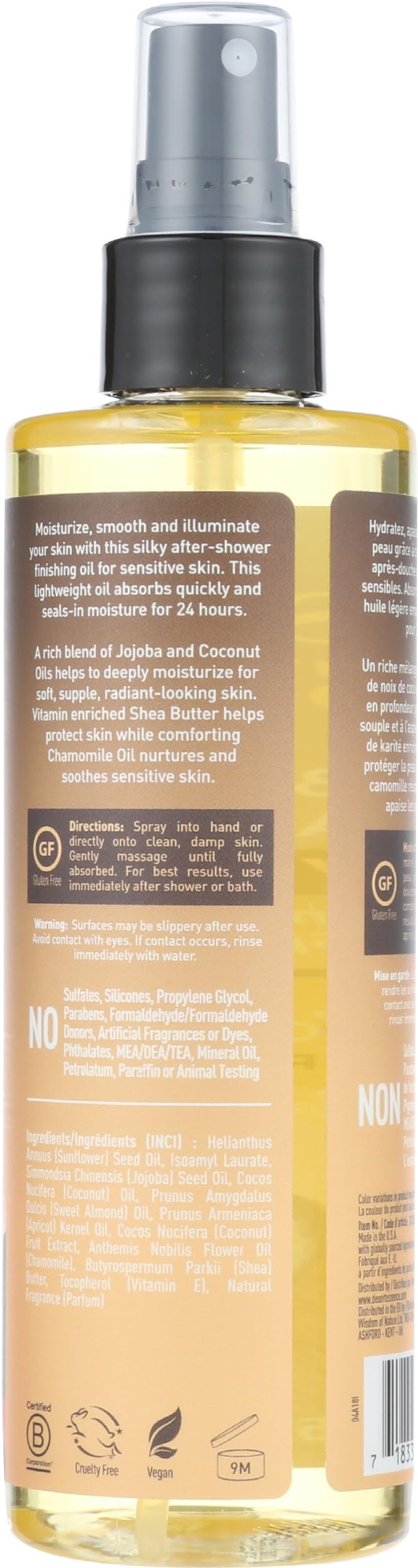 Desert Essence spray nozzle creating fine mist for fast-absorbing hydration