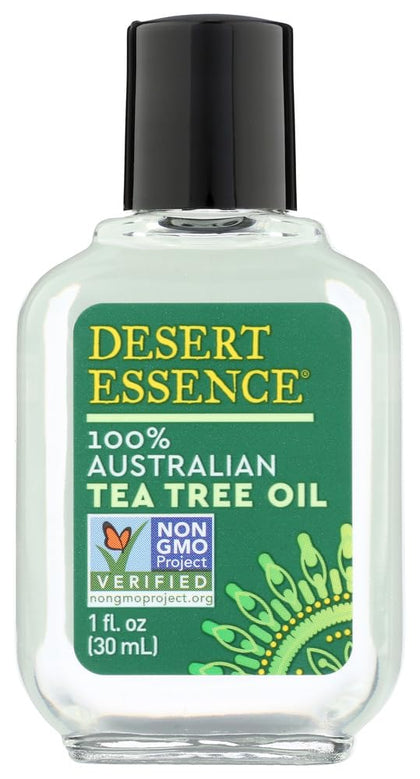 Desert Essence tea tree oil front packaging showing bottle and label for easy identification
