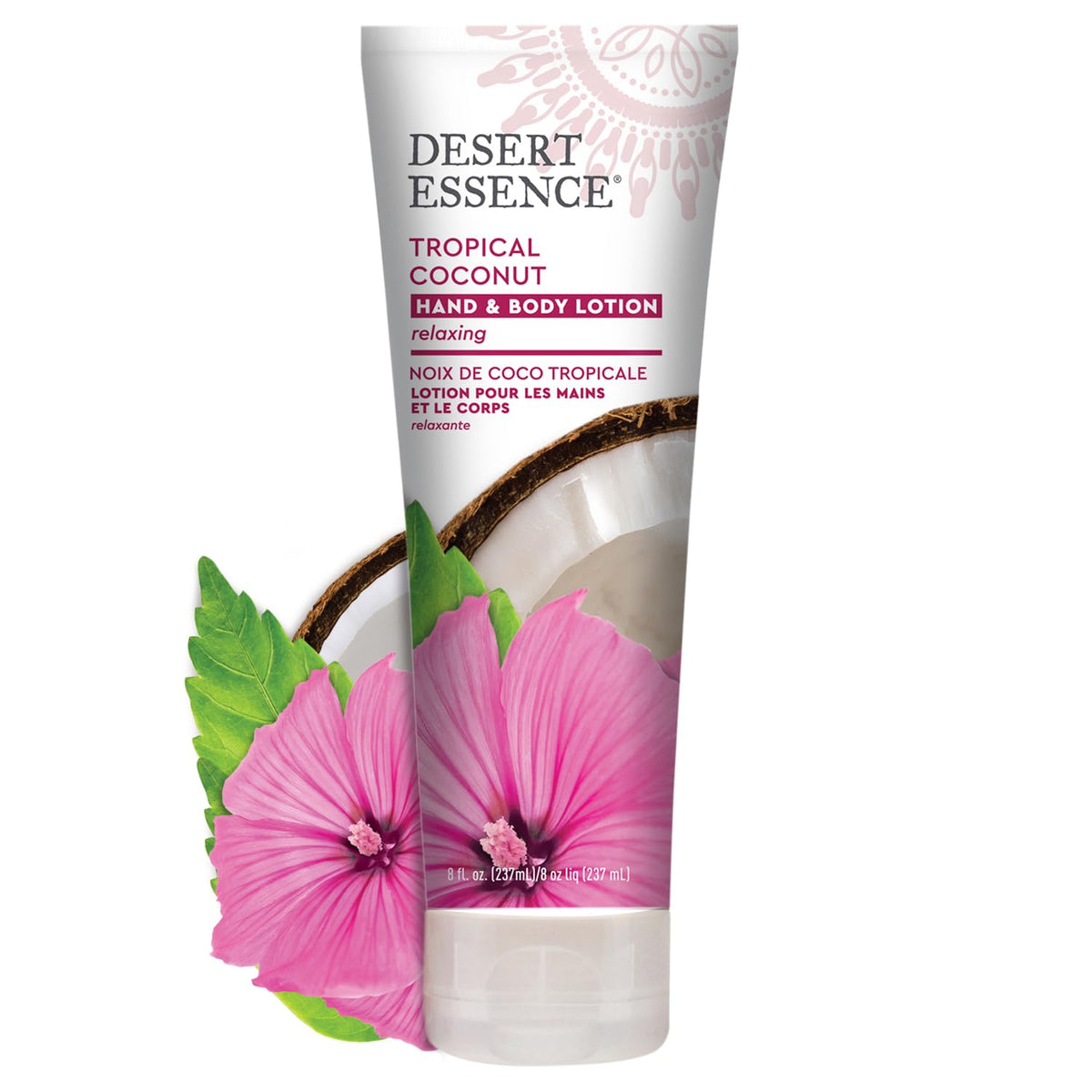 Desert Essence front bottle showing tropical coconut lotion and branding benefits