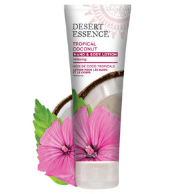 Desert Essence front bottle showing tropical coconut lotion and branding benefits