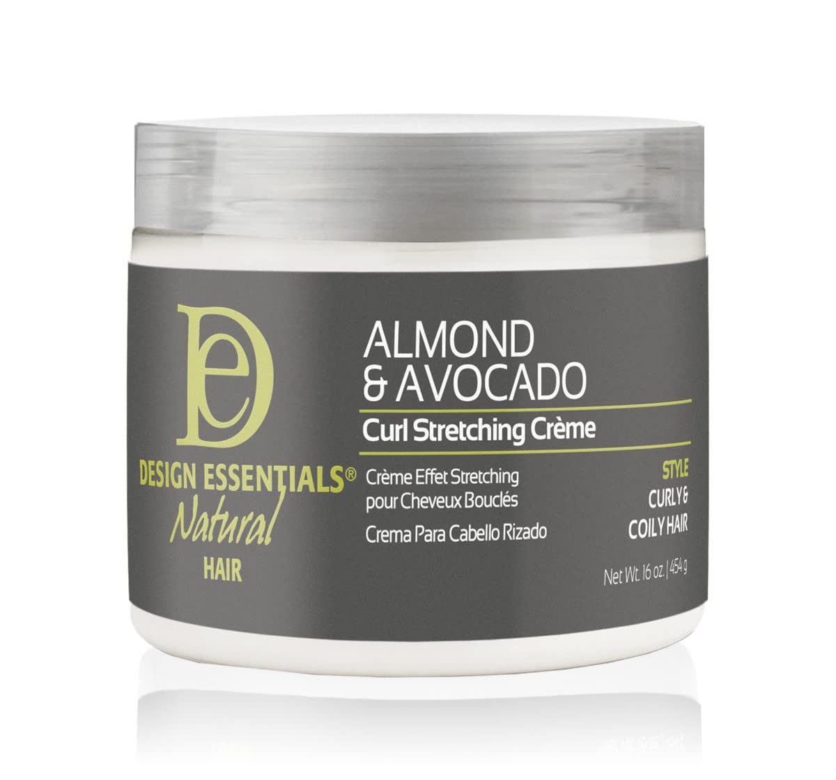 design essentials front packaging showing almond and avocado benefits