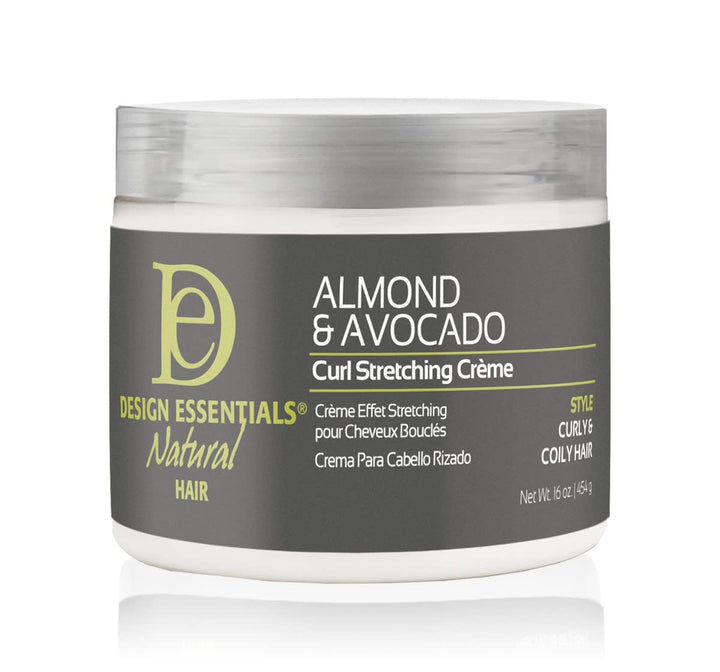 design essentials front packaging showing almond and avocado benefits
