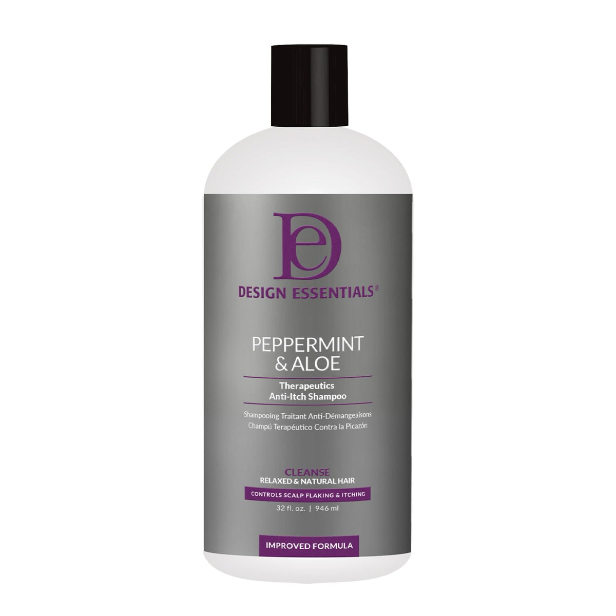 Design Essentials bottle front view showing label and peppermint aloe benefits