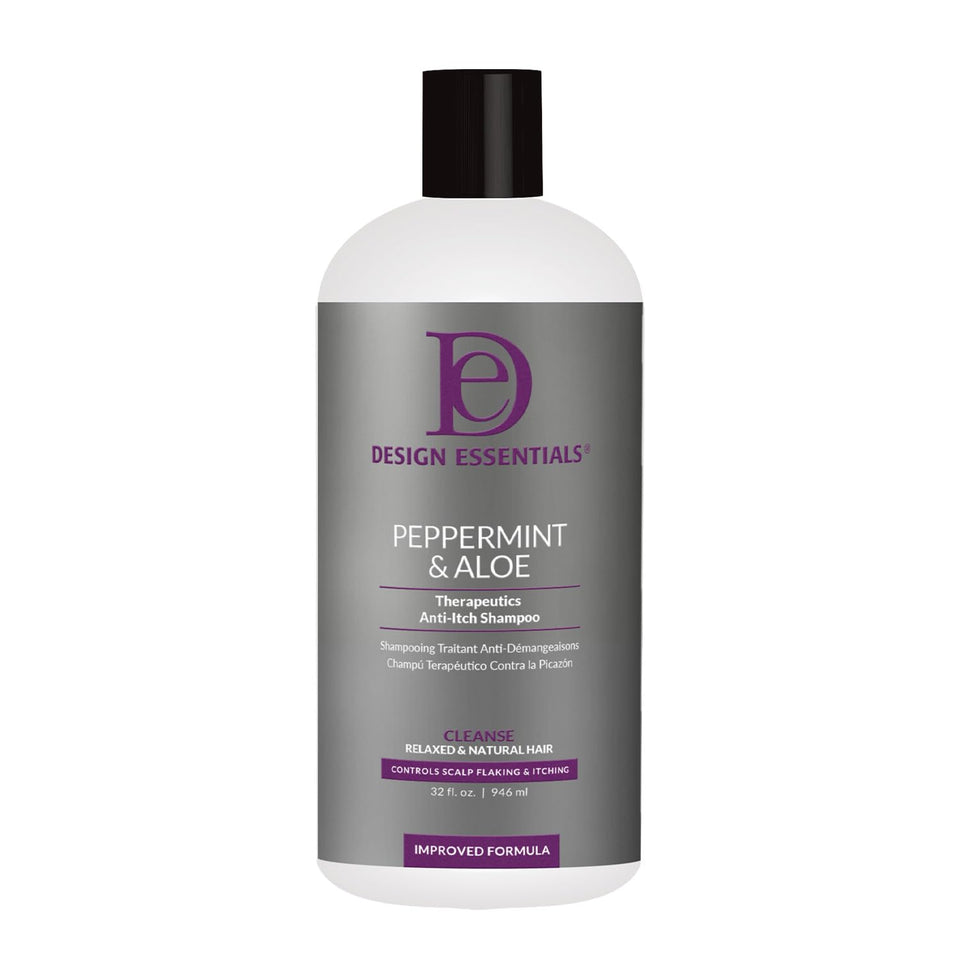 Design Essentials bottle front view showing label and peppermint aloe benefits