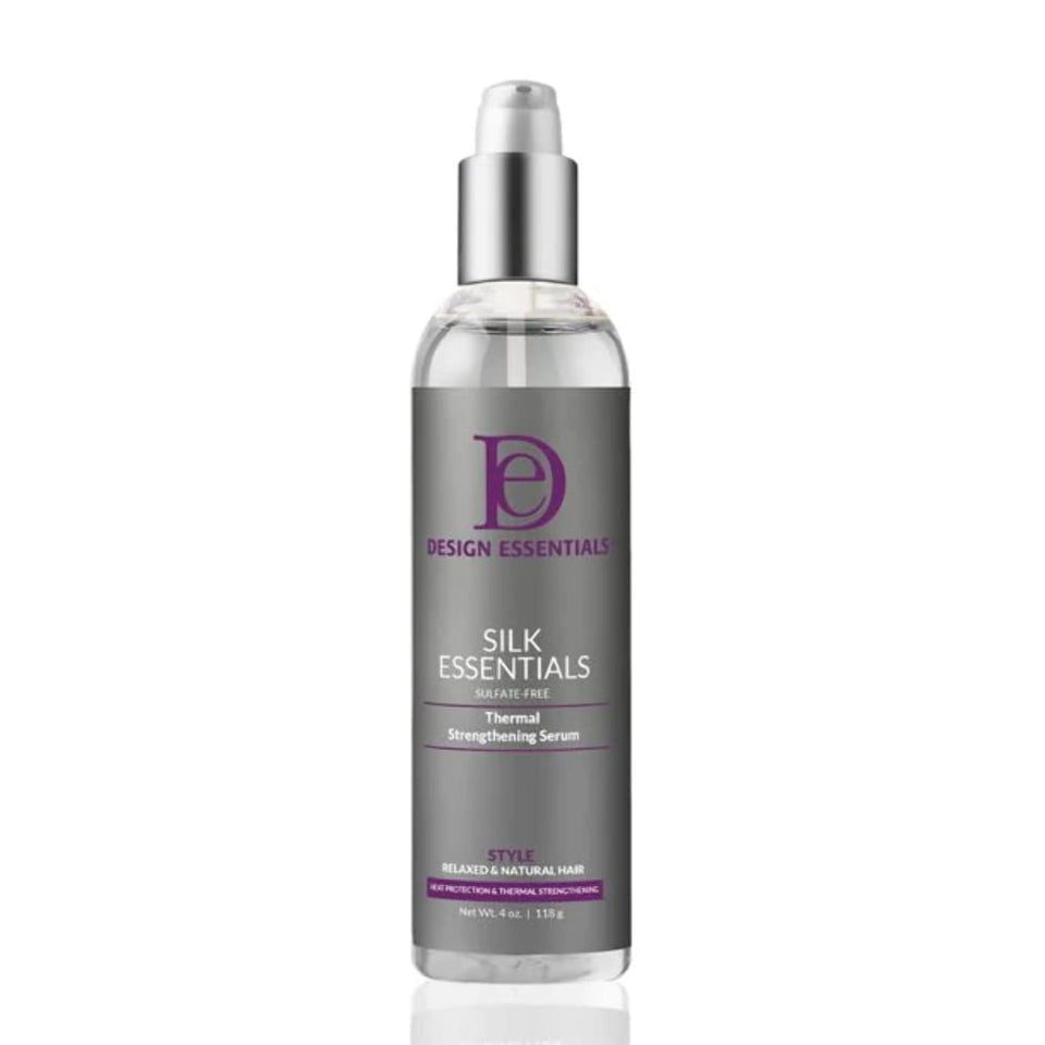 Design Essentials front packaging of serum showing clear bottle and shine-enhancing benefits