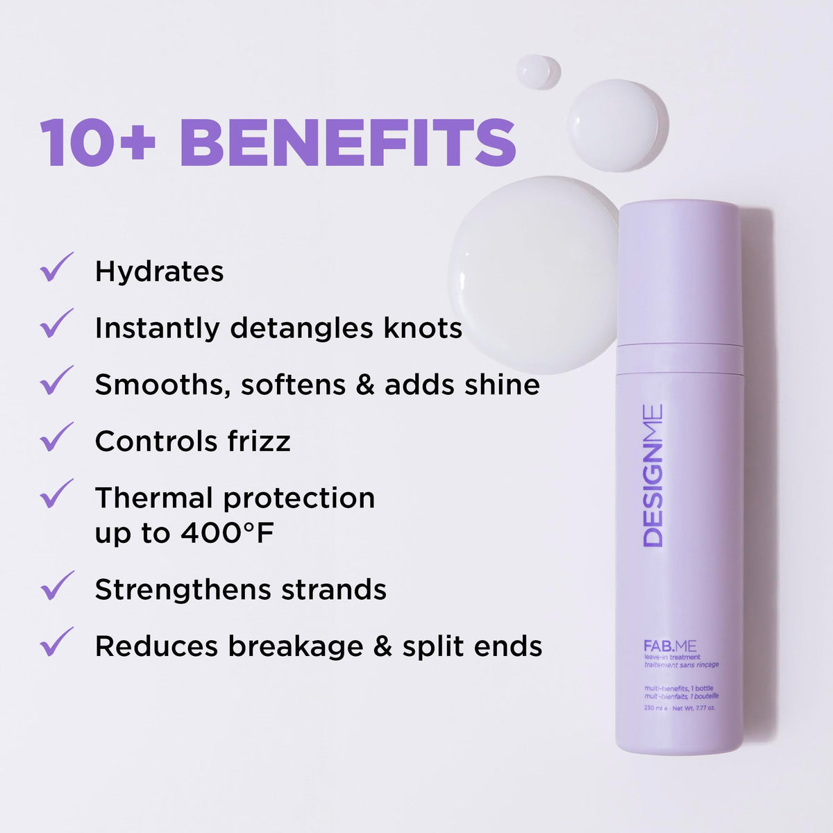 Design.Me FAB.ME bottle beside hairbrush indicating easier detangling benefit