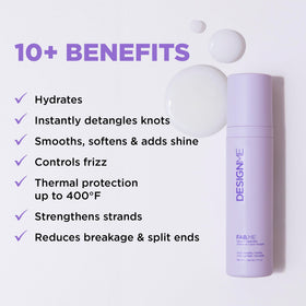 Design.Me FAB.ME bottle beside hairbrush indicating easier detangling benefit