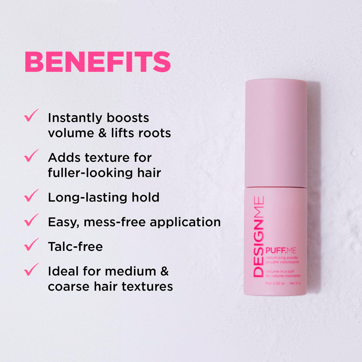 Design.Me Puff.ME spray showing fine powder texture for instant volume