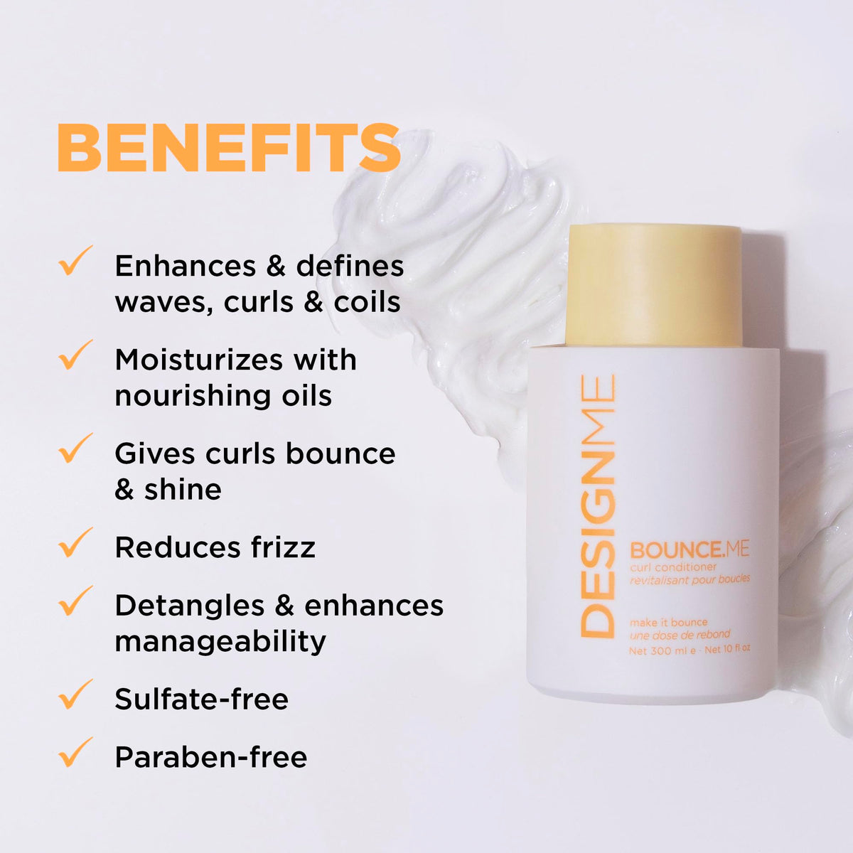 Design.Me cream texture pouring from bottle illustrating rich slip and moisturizing feel