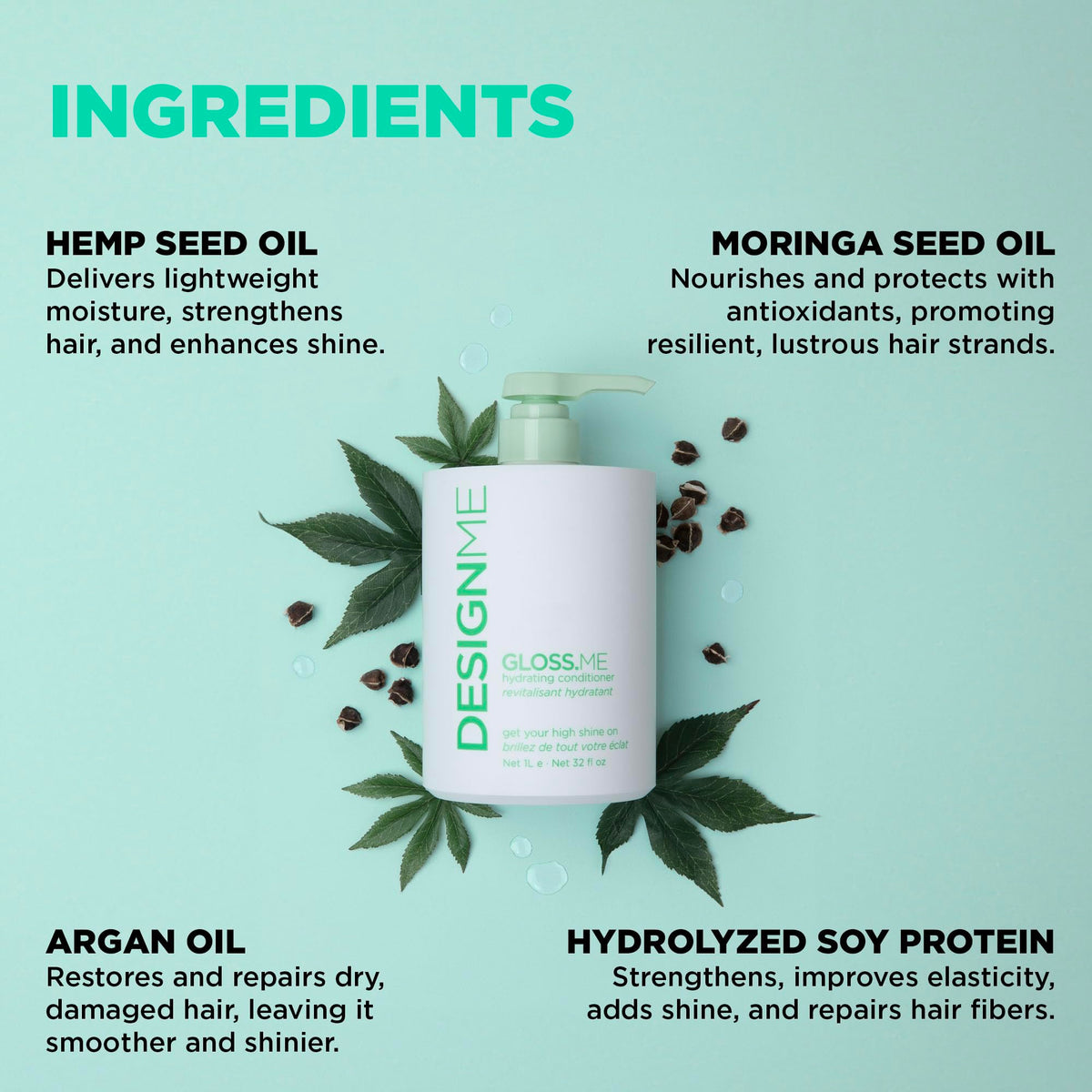 Design.Me ingredient display of hemp and argan oils highlighting nourishment