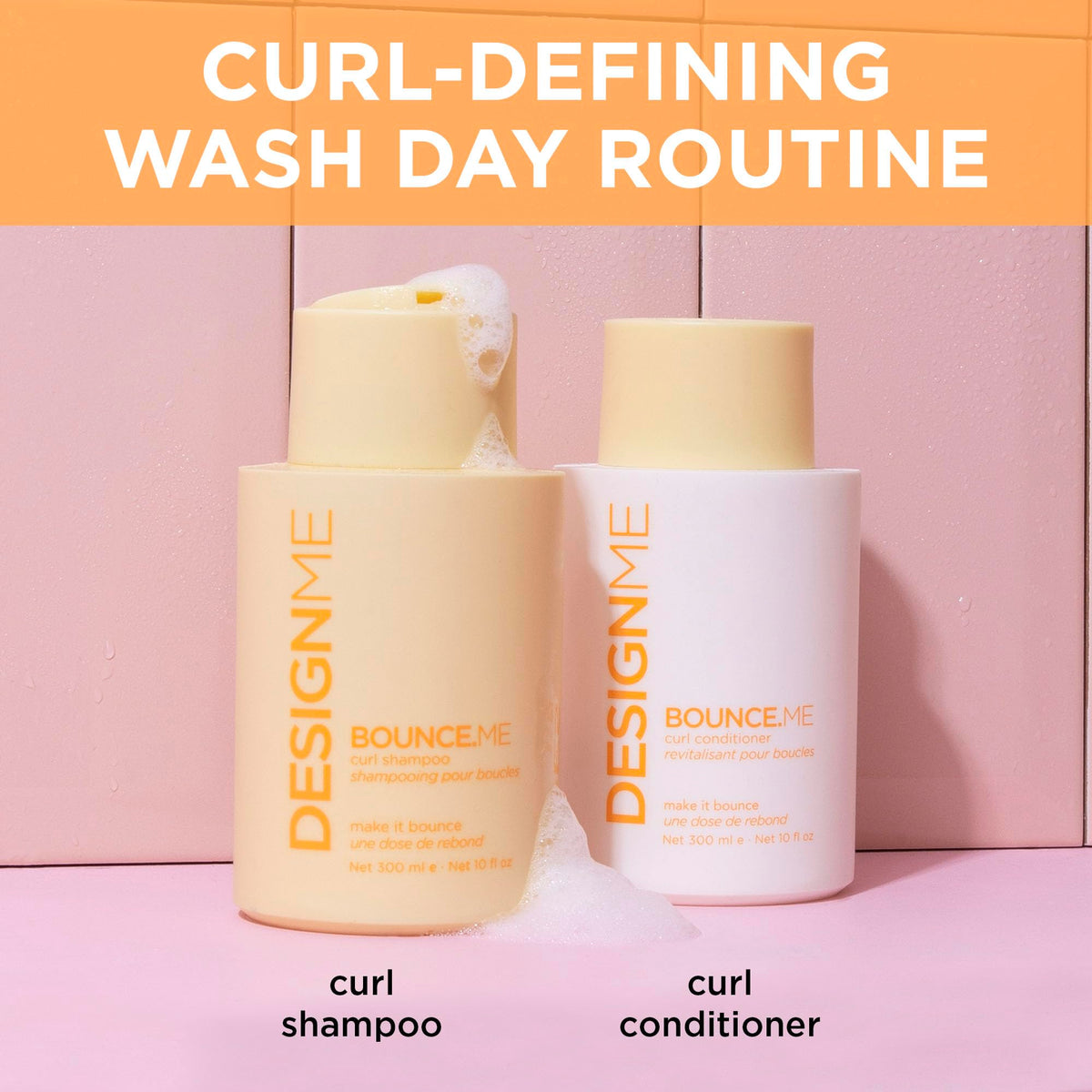 Design.Me shampoo in hands on wet hair demonstrating gentle cleansing action