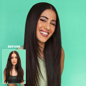Design.Me before and after hair comparison demonstrating reduced frizz benefit