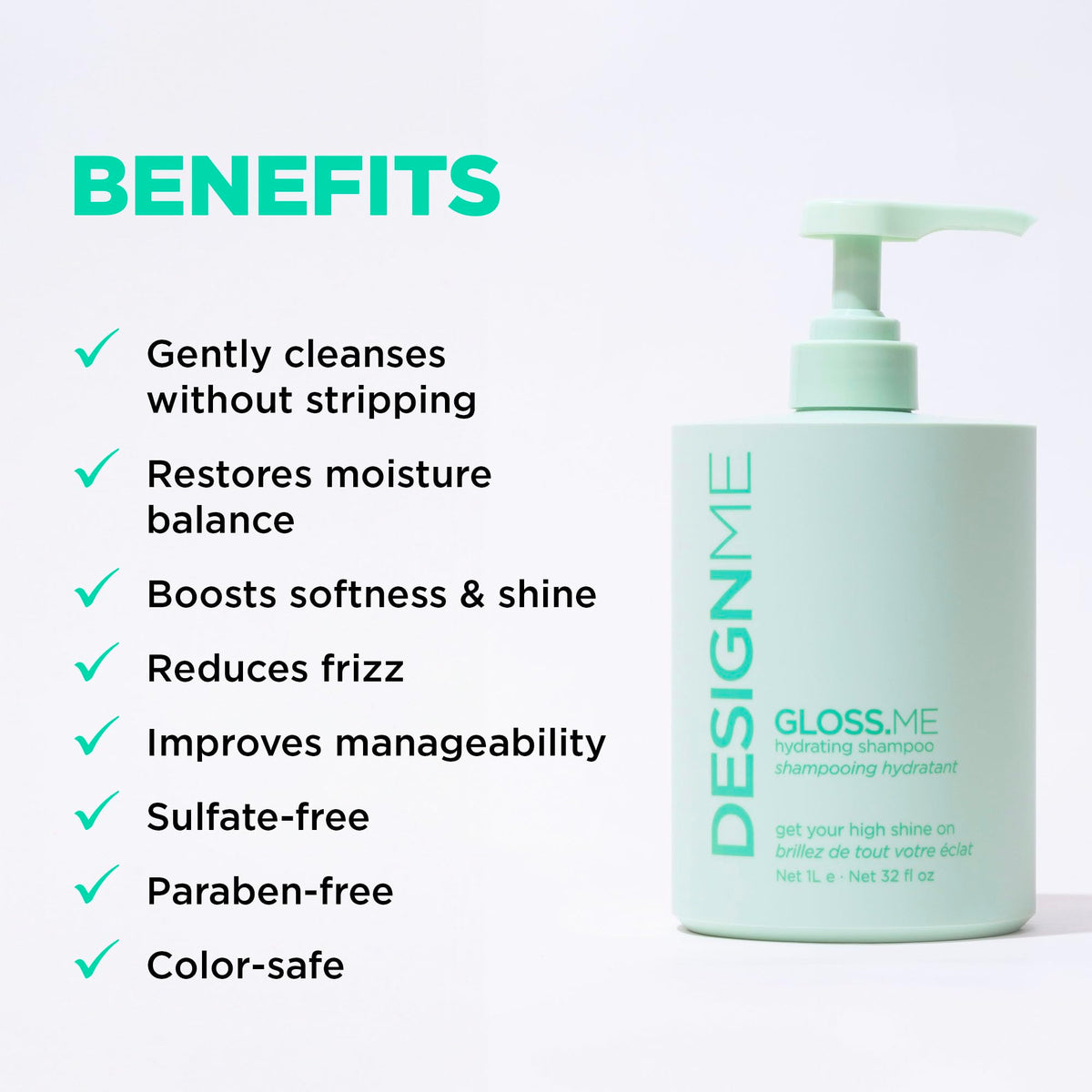 Design.Me label close-up highlighting key ingredients and product benefits