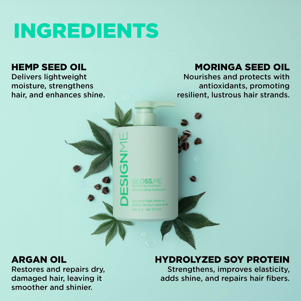 Design.Me shampoo pouring texture illustrating lightweight hydration benefit