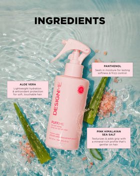 Design.Me PUFF.ME label close-up listing Pink Himalayan Salt and Aloe Vera