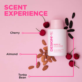 Design.Me PUFF.ME closeup label highlighting vegan, sulfate- and paraben-free benefits