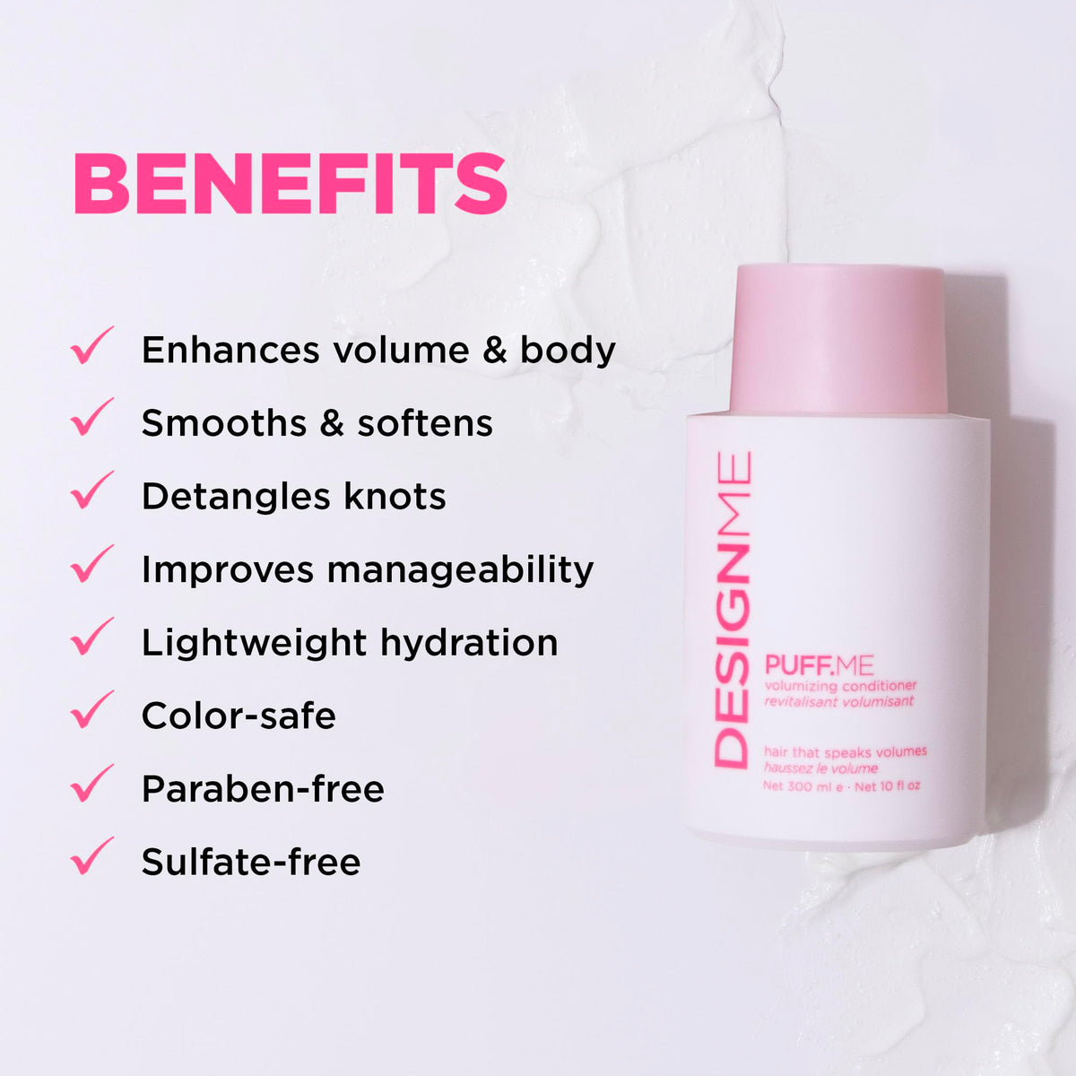 Design.Me PUFF.ME creamy conditioner texture dispensed for lightweight hydration