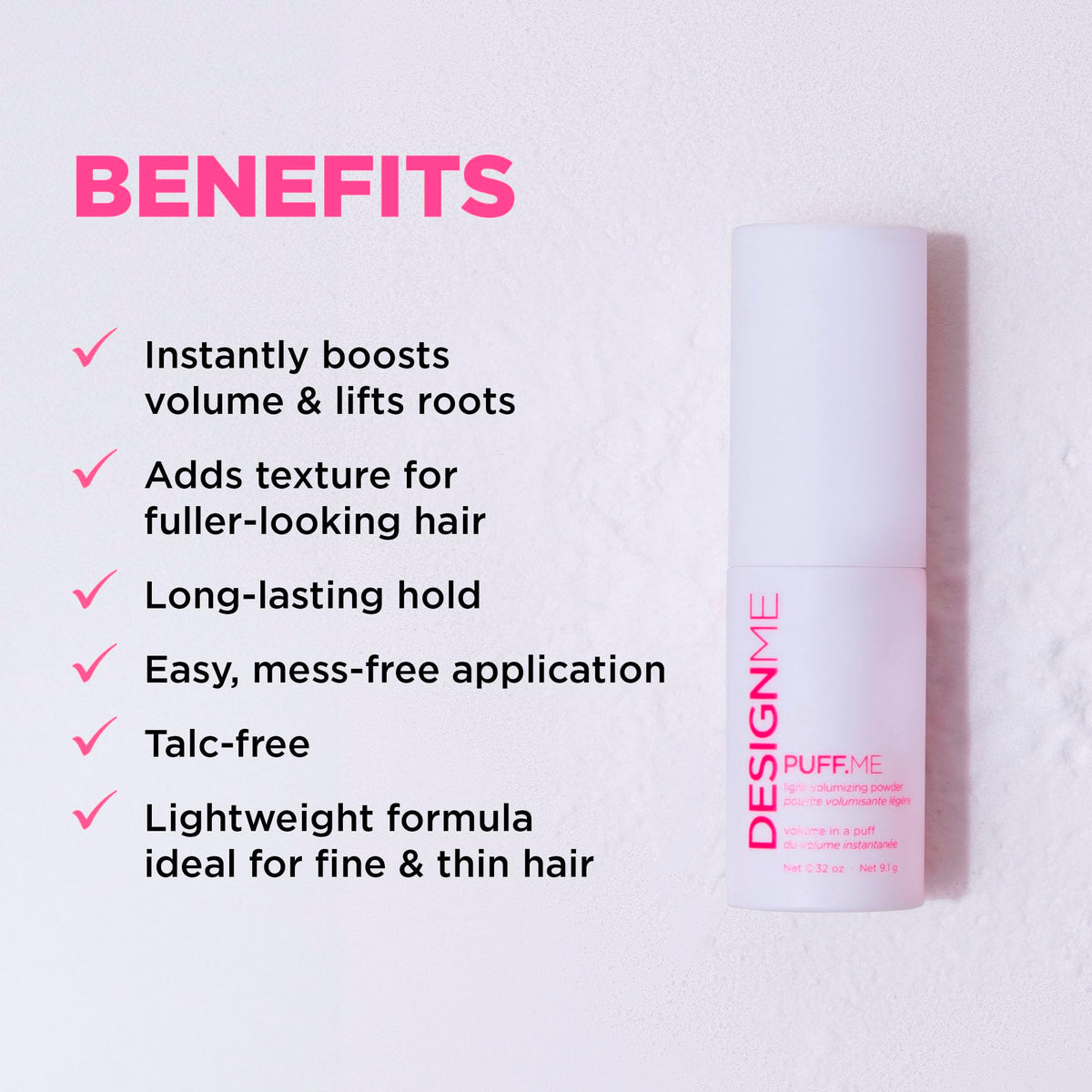 Design.Me powder spray mid-action showing fine texture and even coverage