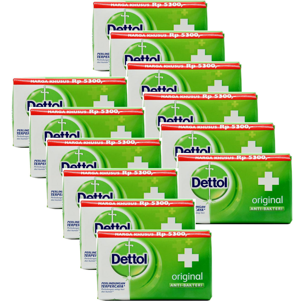 Dettol front packaging showing pack of 12 bars with clear branding and hygienic benefit