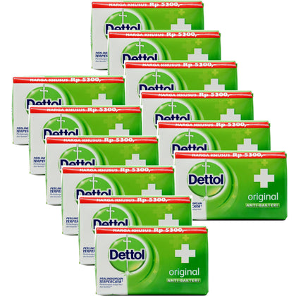 Dettol front packaging showing pack of 12 bars with clear branding and hygienic benefit