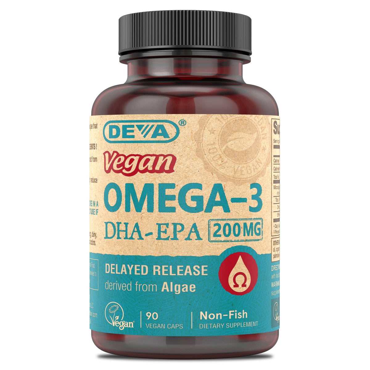 DEVA bottle front view showing label and vegan omega-3 benefits